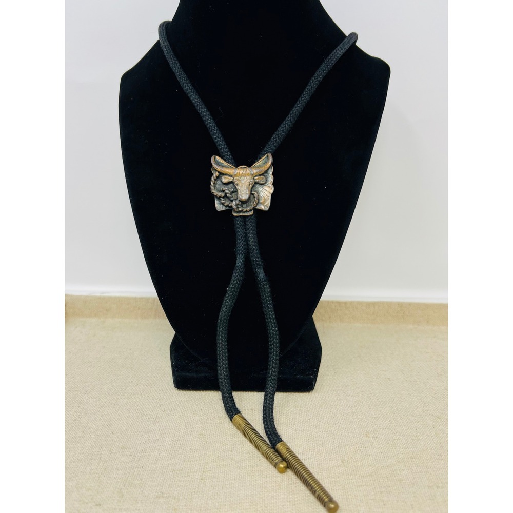 Vintage Western Bull Head Bolo Tie Black Braided Cord Brass Tone Tips